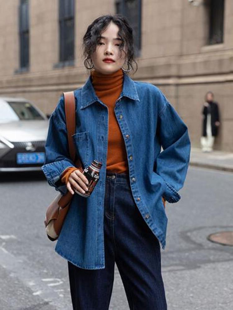 欧货蓝牛仔衬衫女2022春秋新款内搭叠穿别致百搭长袖衬衣宽松外套