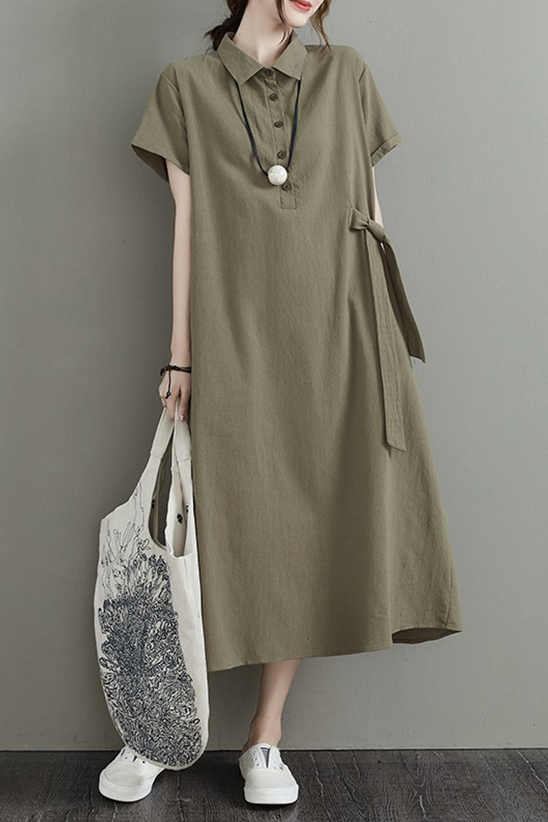 Cross-Border New Arrival Japanese Solid-Color Cotton Linen Lapel Short Sleeve Loose Pockets Women's Casual Dress