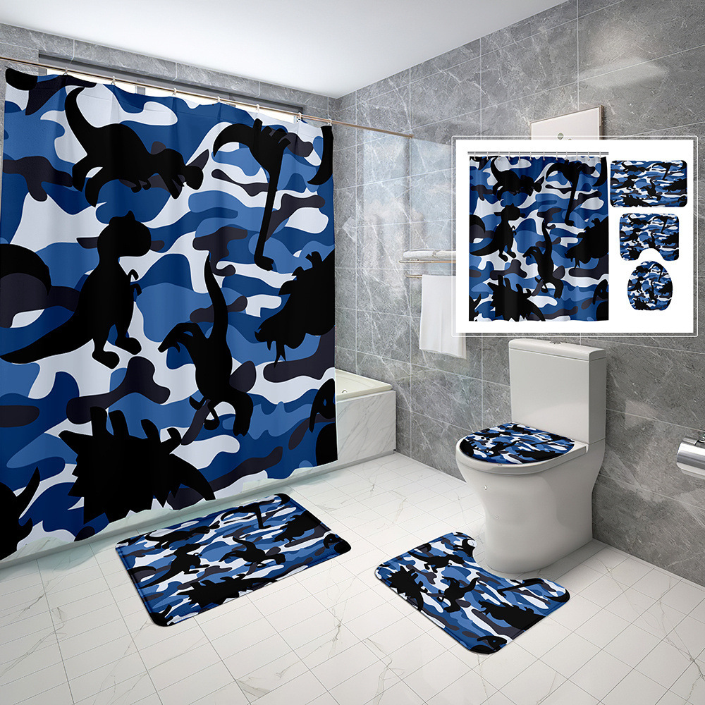 3D Digital Printing Dinosaur Bathroom Set Cartoon Waterproof Polyester Shower Curtain Non-Slip Toilet Mat Three-Piece Set