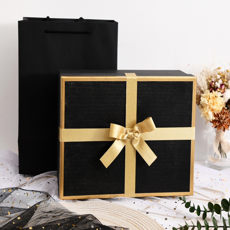 现货黑色天地盖礼品盒 蝴蝶结情侣礼盒包装 精美口红化妆品礼物盒