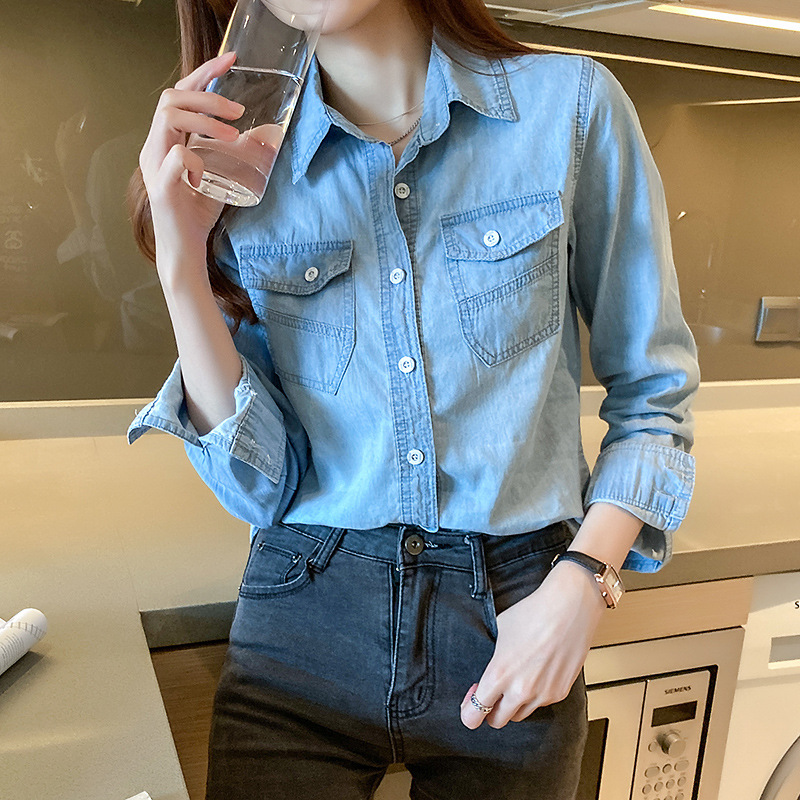 牛仔衬衫女长袖2021春秋新款薄款外套休闲外搭衬衣