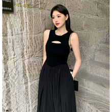 爱依轩 法式高级感黑色无袖背心连衣裙 夏季新款显瘦气质高腰长裙