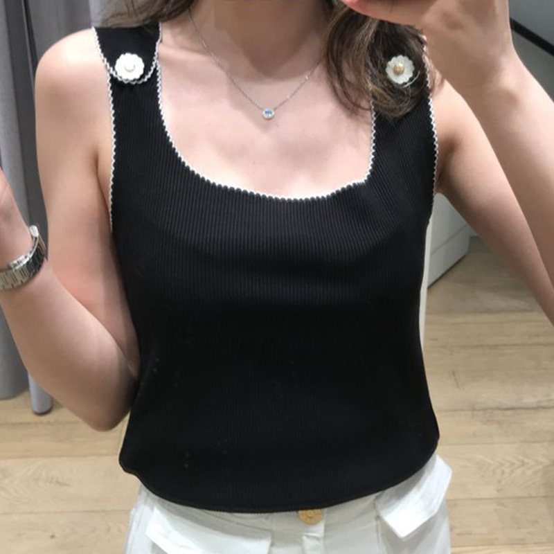 s家2021春夏花扣肩淑女修身无袖针织打底背心上衣女装210148