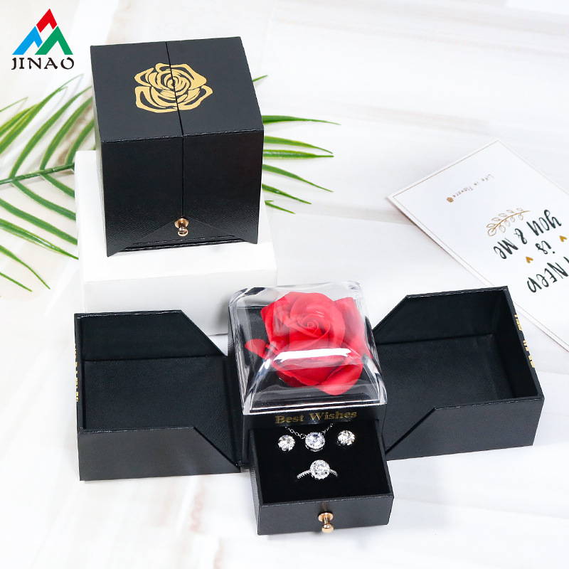 Creative New Black Double Open Rose Gift Box Gilding Drawer Ring Stud Earrings Necklace Pendant Jewelry Box