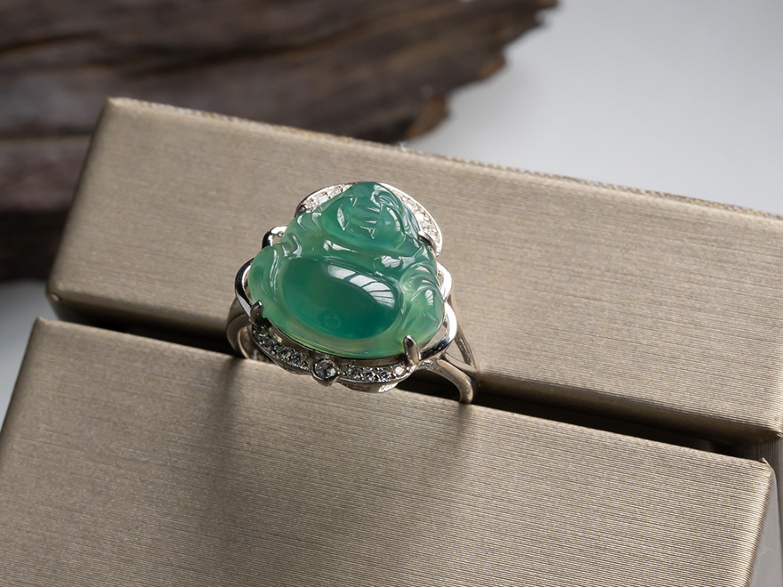 翡翠戒指 缅甸翡翠佛公戒指 925银镶嵌满绿佛公戒指电商直播玉器