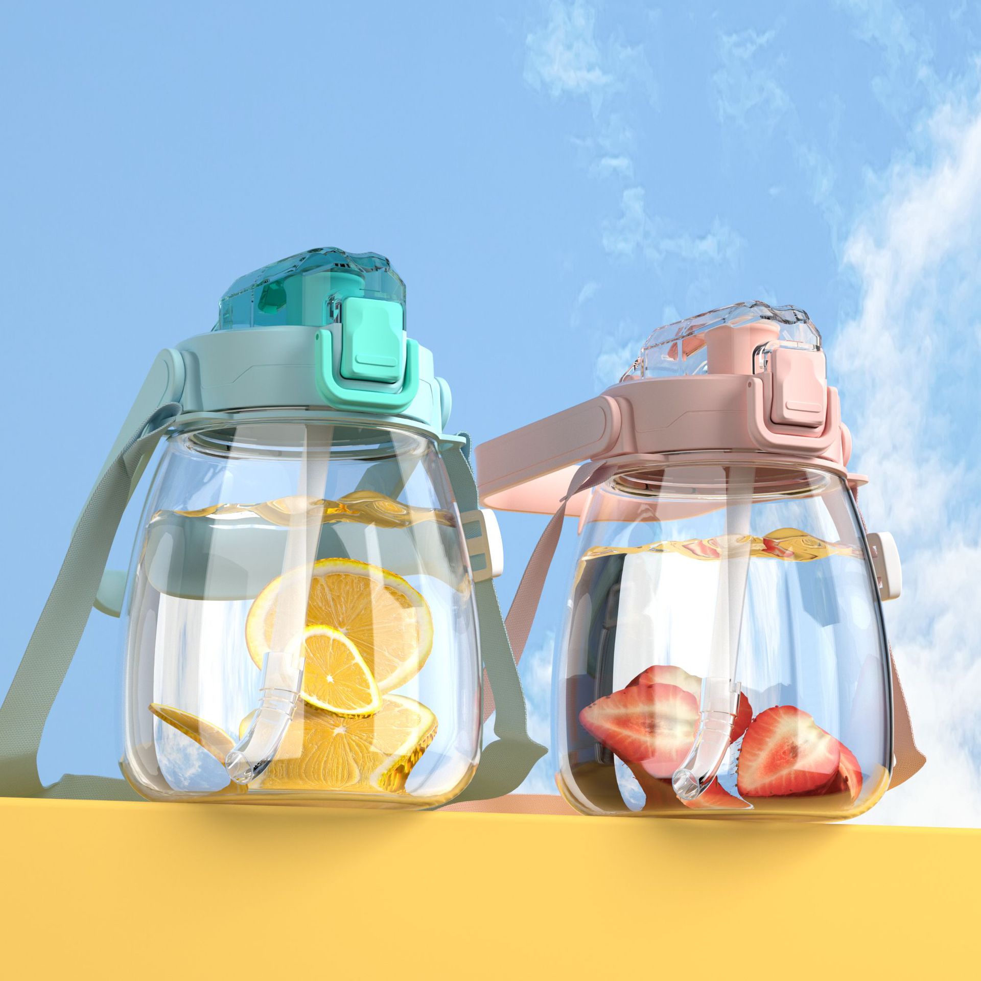 加工定制大肚水杯高颜值大肚杯塑料杯带吸管学生背带水壶礼品杯子