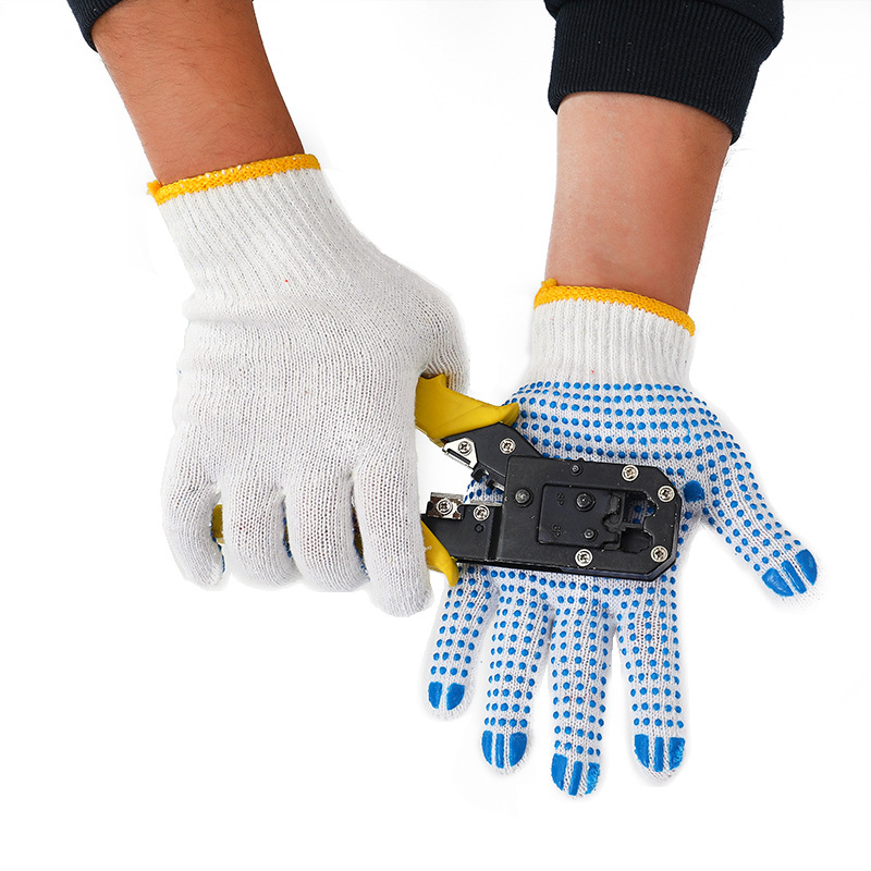 Labor Protection Gloves 10-Pin Bleached Cotton Yarn Point Plastic Gloves PVC Point Bead Non-Slip Wear-Resistant Construction Site Work Protective Gloves