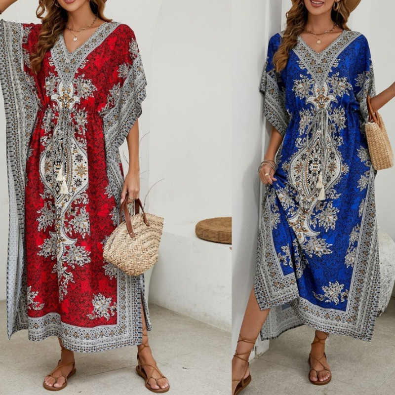 欧美长裙度假波西米亚印花洋气沙滩裙旅游拍照宽松街头休闲连衣裙