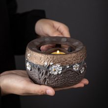 日式鎏金铁釉暖茶套装 手工复古温茶器蜡烛加热底座陶瓷功夫茶具