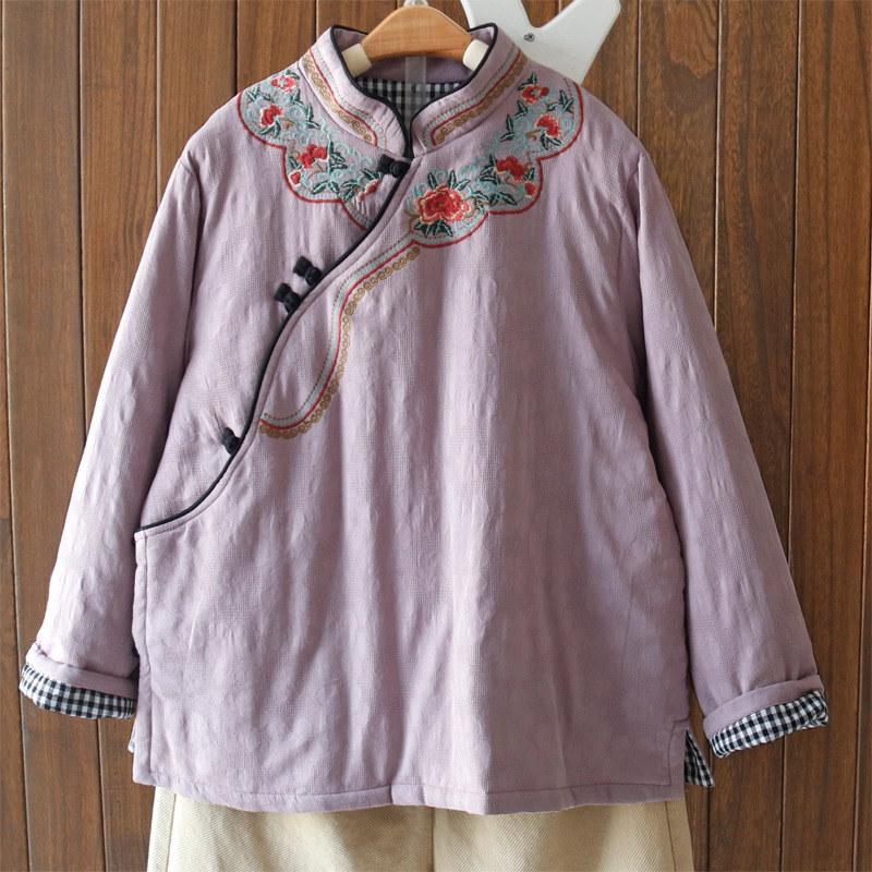 冬季新品盘扣棉麻棉衣女刺绣立领夹棉保暖棉服长袖上衣外搭