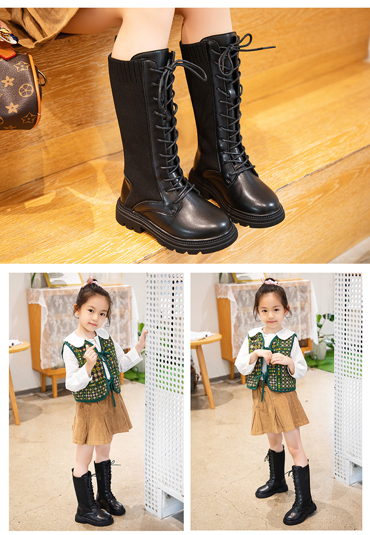 儿童马丁靴2021秋款新品高筒童靴儿童长靴针织透气小学生女童靴子