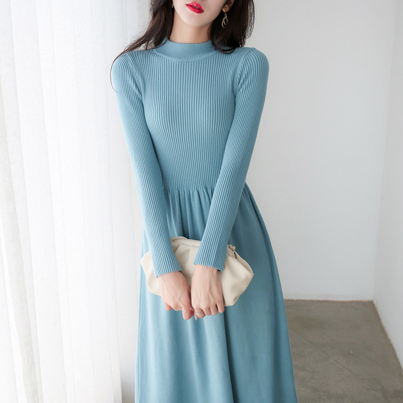 Spring and Autumn Fashionable Half Turtleneck Knitted Dress Women's Elegant Tight Waist Mid-Length Sweater Dress Outer Wear Bottoming Skirt