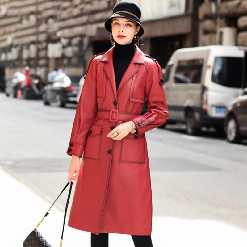 2021欧美新款真皮皮衣女中长款修身气质红色绵羊皮风衣外套