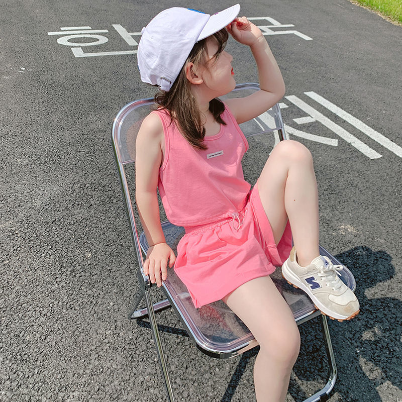 女童夏装套装2024新款潮儿童背心短款露脐运动套装小童洋气两件套