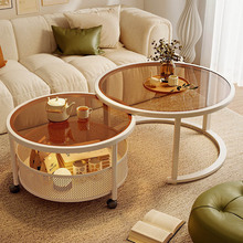 奶油风长虹玻璃子母茶几组合小户型创意沙发边几茶色休闲阳台茶桌