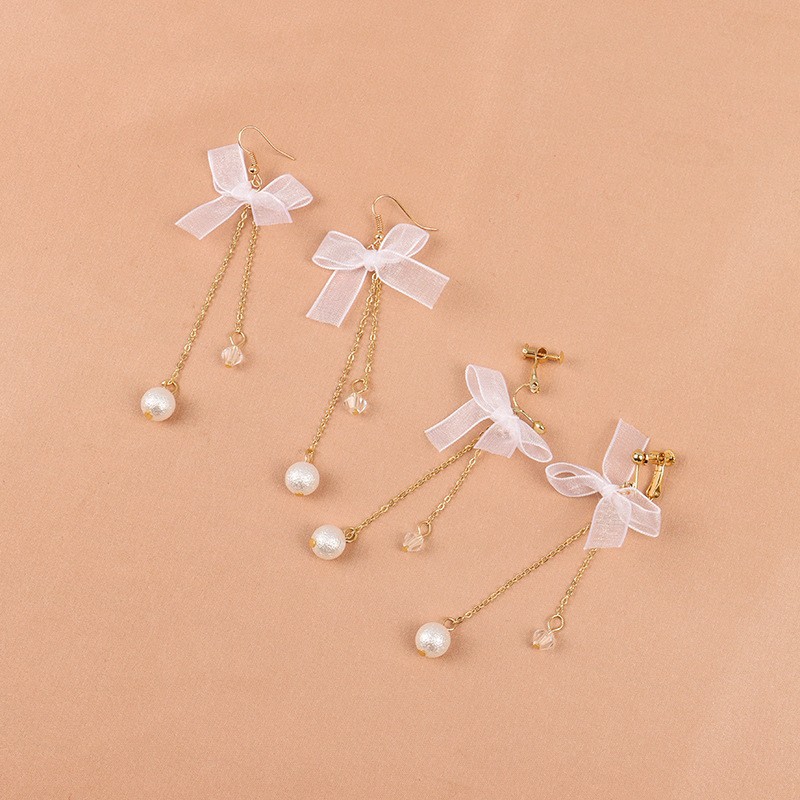 蝴蝶结简约复古超仙新款可爱少女风文艺耳钩气质珍珠耳夹耳饰c334