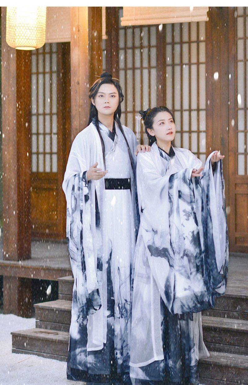 汉服魏晋风男女交领齐腰襦裙大袖衫相思引水墨广袖情侣古装秋冬季