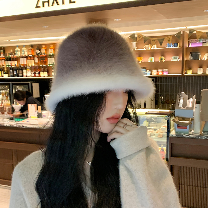 Autumn and Winter Korean Style Gradient Color Rabbit Fur Bucket Hat Face-Looking Small Outdoor Travel Warm Women's Fashion Bucket Hat Fashion