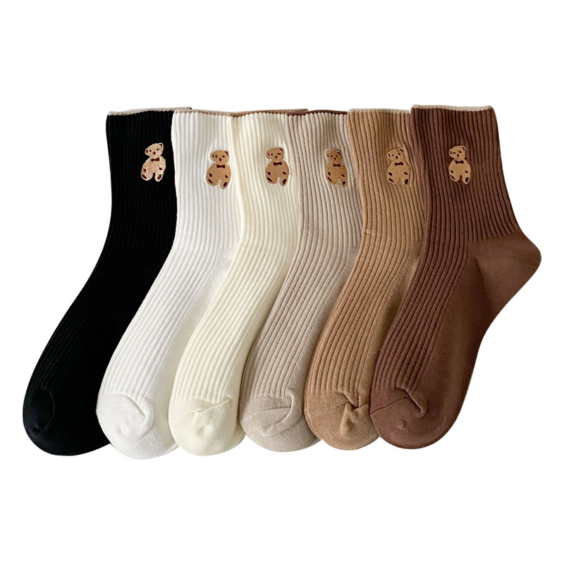 Socks Women's Mid Tube Stockings Ins Trendy Bunching Socks Spring and Autumn Korean Style Little Bear Long Socks Women's Coffee Color Long Tube Autumn and Winter College Style