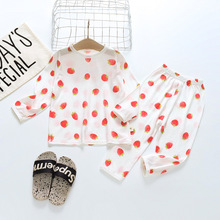 CA107-长-竖条提花-红色草莓中小童女宝宝夏季空调服女童睡衣套装
