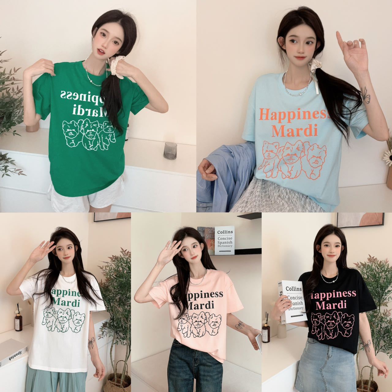 mardi玛尔帝2024夏季新款t恤三只狗狗印花男女同款潮牌圆领短袖潮
