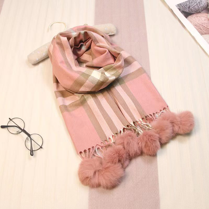 Children's Scarf Scarf Dual-Purpose Autumn and Winter Thick Warm Cashmere-like Plaid Rabbit Hair Ball Scarf for Boys and Girls