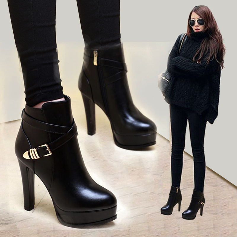 10cm粗跟高跟短靴女鞋子2021秋冬新款防水台厚底时尚马丁裸靴