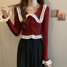 法式独特娃娃领红色打底针织衫女秋季新款软糯加厚短款毛衣小上衣