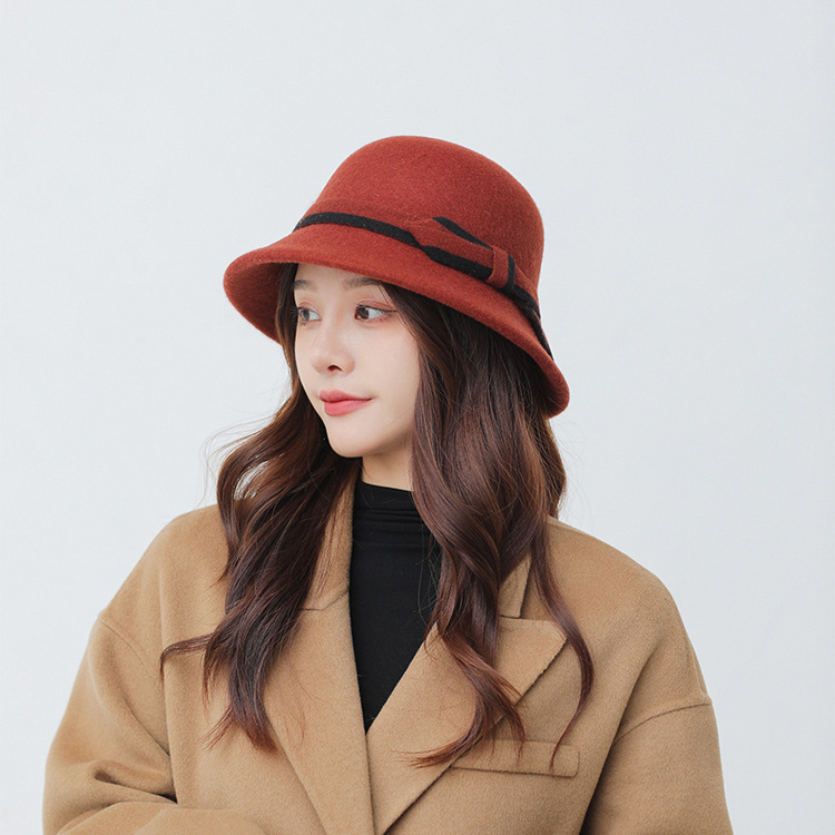 Solid Color Wool Bow Sun Hat Bucket Hat New Autumn and Winter Korean Style Face-Looking Small Plush Warm Women's Hat