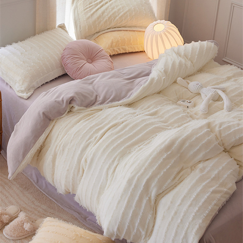 冬季加厚新款流苏牛奶绒四件套双面绒被套床单冬天保暖法兰绒床品