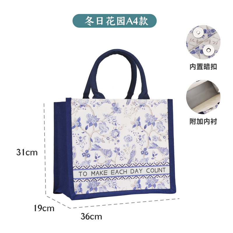 Blue Winter Garden Canvas Bag Tote Bag Large Capacity Student Handbag Portable Daily Floral Canvas Bag
