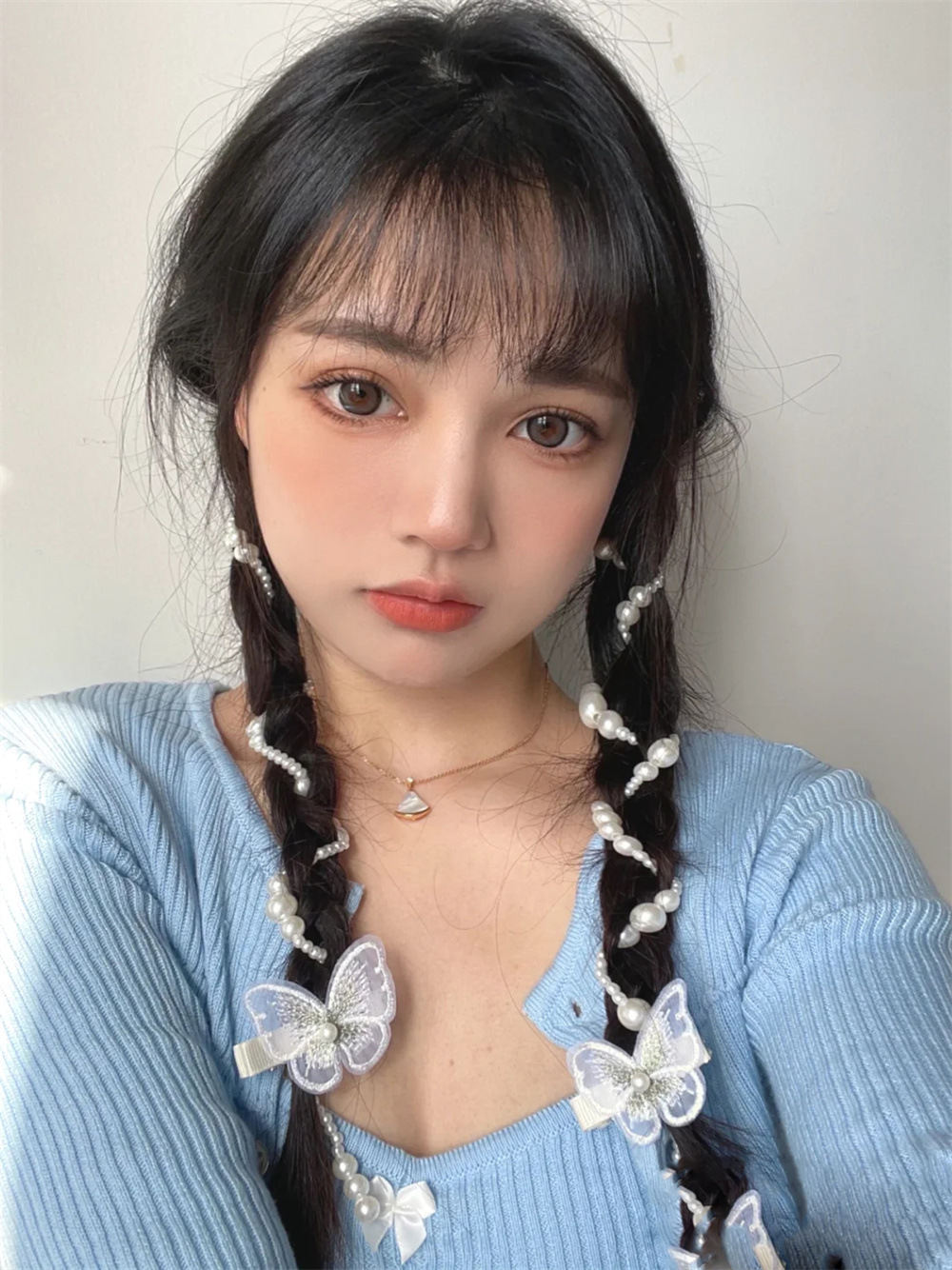 网红同款假发女三股麻花辫双马尾化纤头套杨超越同款珍珠发链头饰