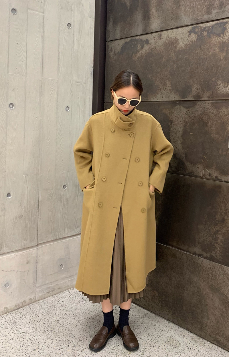 双面羊绒大衣长款过膝双排扣简约宽松韩版女休闲可立领羊毛外套女