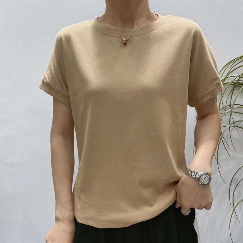 Loose Large Version Threaded Cotton round Neck Short Sleeve T-shirt Female 2023 High Elastic Bottoming Top Counter Quality Soft Glutinous Skin-Friendly