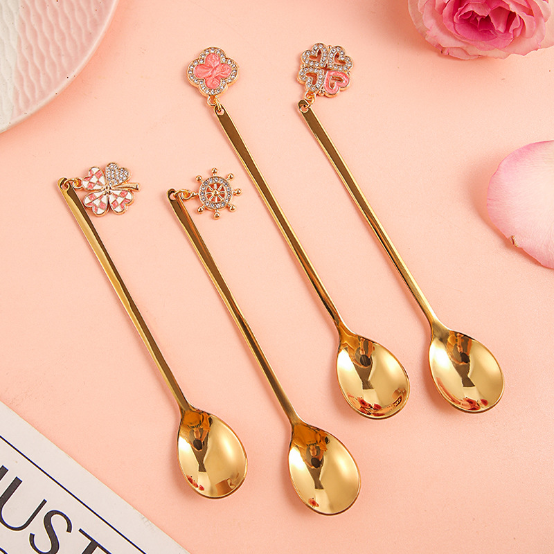 Stainless Steel Spoon Household Hotel Sweet Couple Four-Leaf Clover Pendant Dessert Coffee Spoon Gift Giving Box-Packed Factory Wholesale