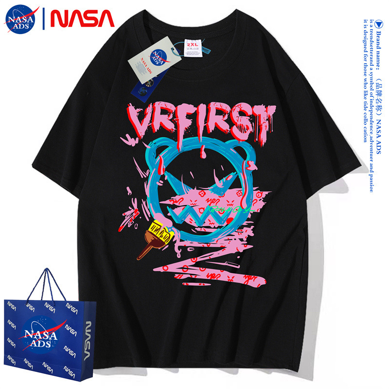 NASA Joint Name Hip Hop Fried Street Pure Cotton Black T-shirt Female Summer New Panda Graffiti Printing Short Sleeve Men