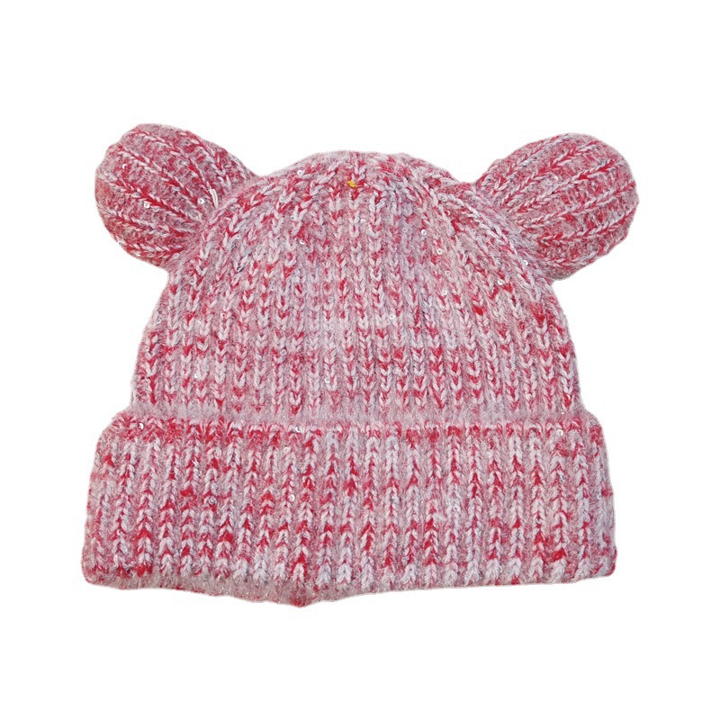 Korean Style Cute Ears Woolen Cap Autumn and Winter Sequins Knitted Hat Thickened Big Head Circumference Loose Face-Looking Small Warm Hat