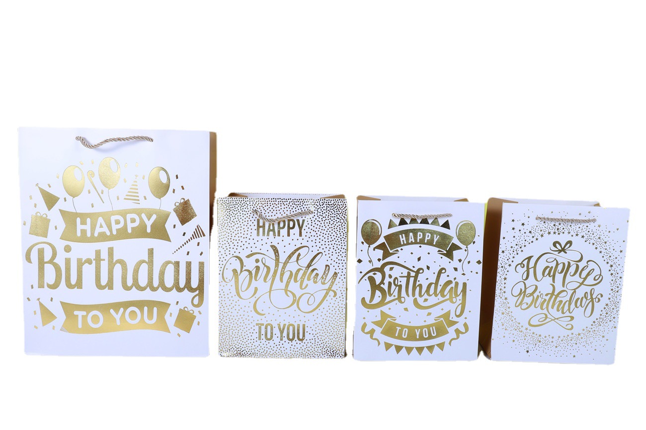 Yiwu Factory Bronzing Birthday Party Paper Reticule Happy English White Card Gift Bag