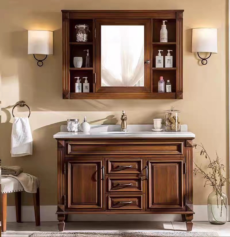 Bathroom Cabinet Wash Basin Combination American and European Style Bathroom Cabinet Waterproof Light Luxury Floor Oak Solid Wood Bathroom