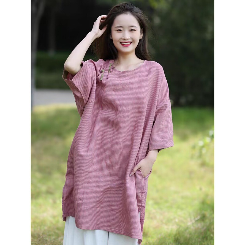 原创设计棉麻女装复古盘扣中式中长款亚麻民族风衬衫