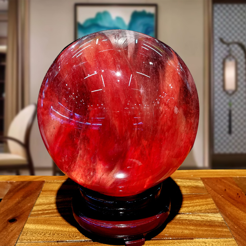 高档红水晶球摆件天然红水晶客厅办公室装饰摆件乔迁高档饰品原石