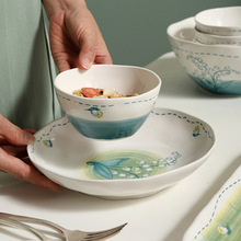 W1TR风铃花碗碟套装家用陶瓷餐具花卉2023新款碗筷盘子组合感