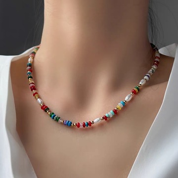 2024新款珍珠项链女夏季彩色串珠颈链气质百搭锁骨链工厂批发