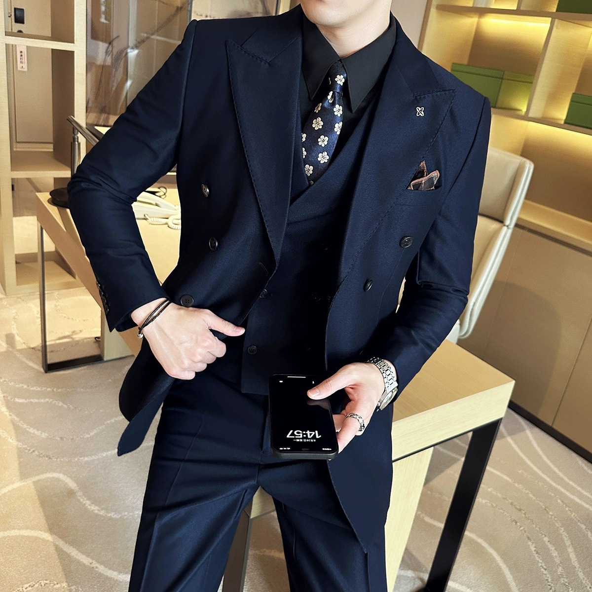 秋冬双开衩戗驳领西服男士韩版西裤垂感双排扣外套商务休闲裤礼服