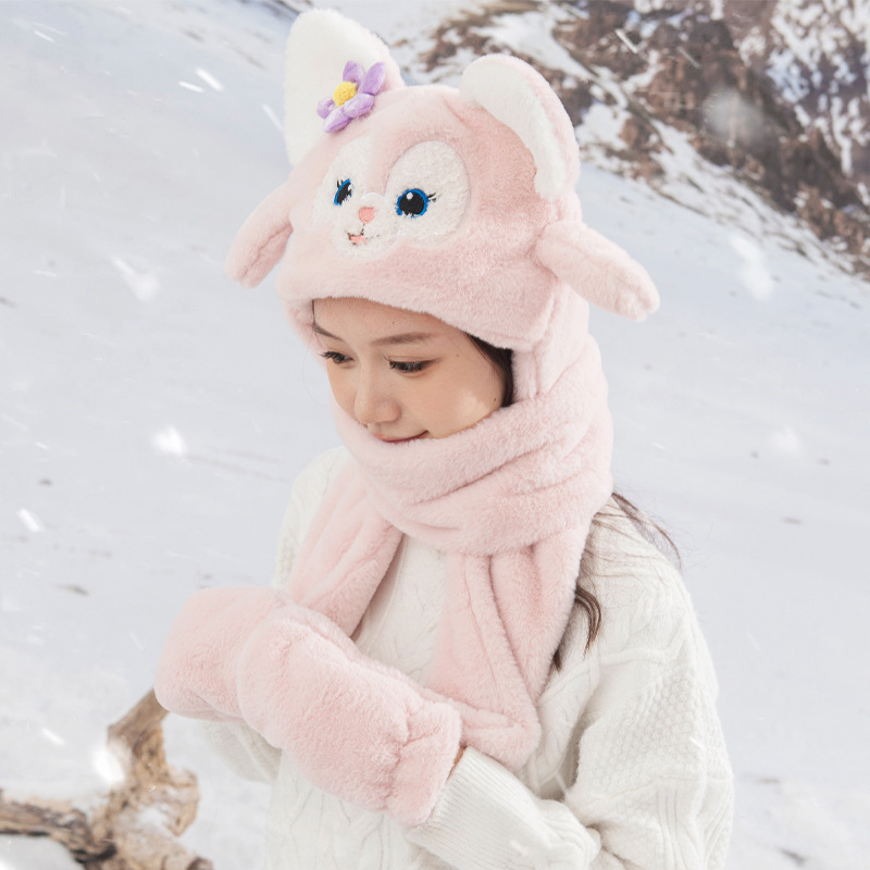 Processing Customized Winter Big Ear Dog Hat Scarf Gloves Three-Piece Set Thickened Fleece Warm Hooded One-Piece Scarf