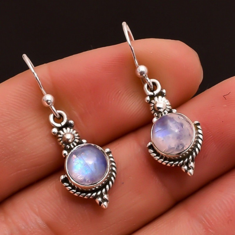 Wish Hot Sale New Moonstone Vintage Earrings European and American Fashion Imitation Thai Silver Colorful Gem Ear Hook Jewelry