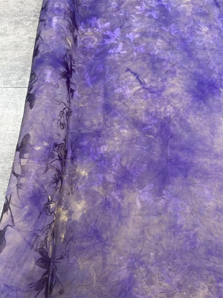 新品高定紫色双面透彩香云纱花罗面料连衣裙吊带裙套装桑蚕丝布料