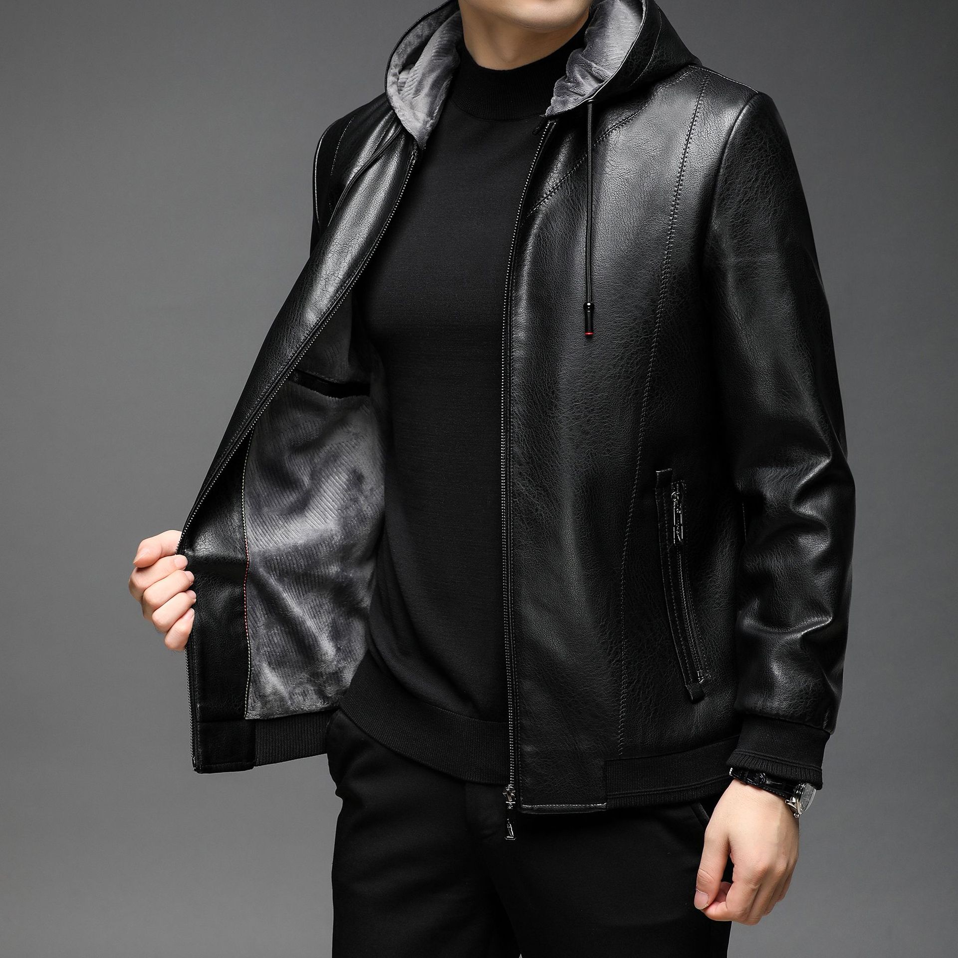 春秋新款连帽可脱卸亮皮衣 轻奢男士纯色防风免烫外贸皮夹克外套