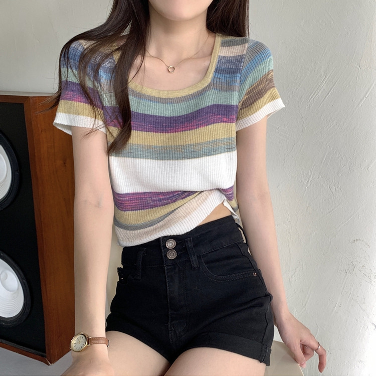 方圆领条纹t恤女夏季针织衫短袖短款紧身上衣春夏新款百搭上衣