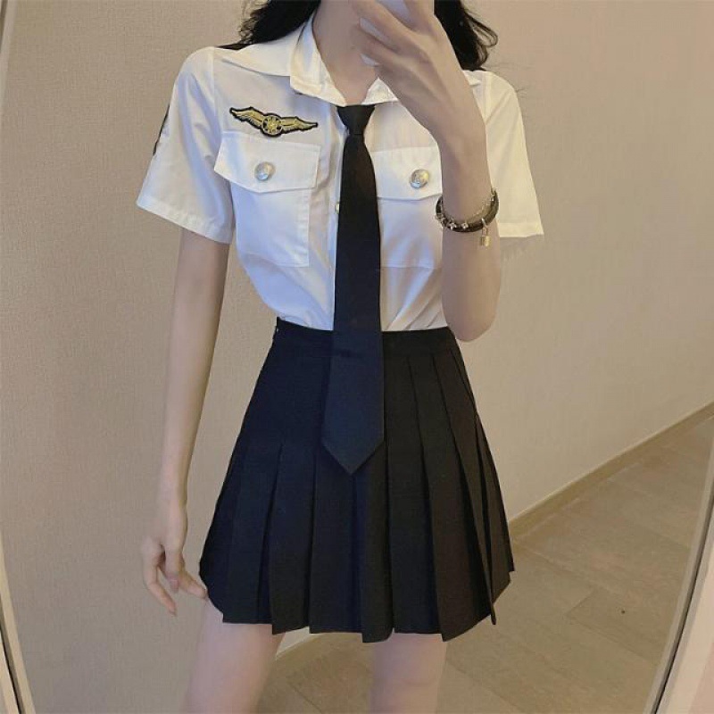 日系空姐jk制服套装女夏季短袖领带衬衣配百褶裙洋气职业两件套代